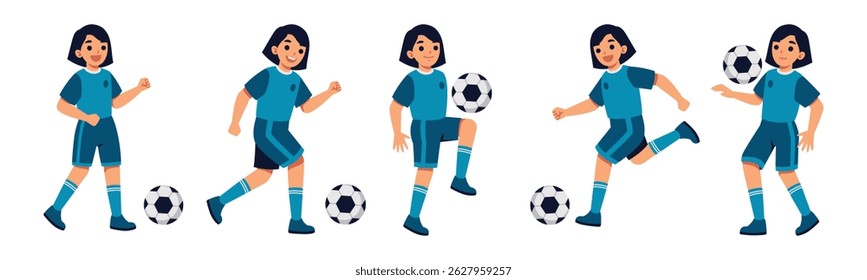 Set of cartoon illustrations featuring a young female soccer player demonstrating various skills and poses related to the game.