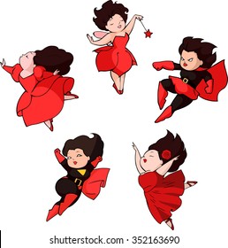 Set of cartoon illustrations of five charming ladies wearing red and black costumes