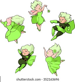 Set of cartoon illustrations of five charming ladies wearing green costumes