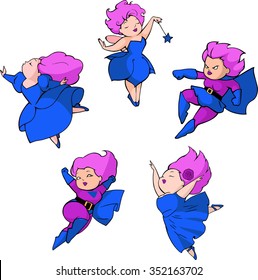 Set of cartoon illustrations of five charming ladies in blue and pink costumes
