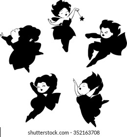 Set of cartoon illustrations of five charming ladies in black silhouette