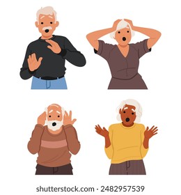 Set Of Cartoon Illustrations Of Four Elderly Individuals Displaying Shocked And Scared Facial Expressions. Each Character Portrays Different Emotional Reaction, Conveying Surprise, Fear, Or Confusion