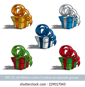 Set of cartoon illustrations of a gift box in 5 colors. Five colors of ribbons are in-place on separate group. 