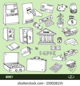 Set of cartoon illustrations of items for storage and receiving money, vector outline option