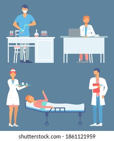 Conjunto de ilustraciones de dibujos animados. Asistente de laboratorio con muestra de matraces. Doctor con estetoscopio sentado en la mesa con portátil. Médico usando traje médico con tarjeta de paciente, portapapeles. Enfermera con drogas