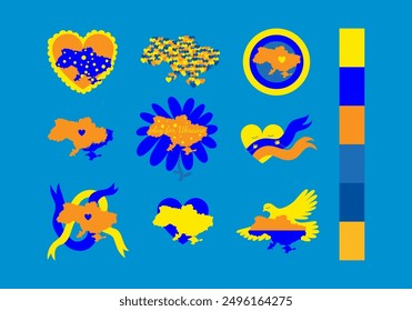 Set of cartoon illustrations with the outline of the country and the flag of Ukraine. Associative illustration of peace, love and prosperity of the country. Drawing for Independence Day, Flag Day