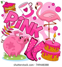 A set of cartoon illustrations of pink color for children with flamingos, mug, cakes, cake, boots and a pig.