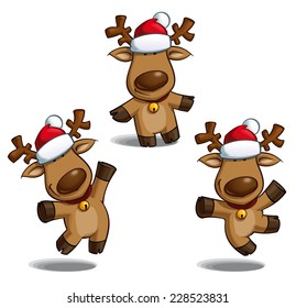 Set of cartoon illustrations of a Santa's elk in three poses-themes. Each pose on separate layer.