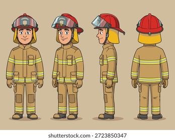 Un conjunto de ilustraciones de dibujos animados que muestran a un bombero en uniforme desde las vistas frontal, lateral y posterior.