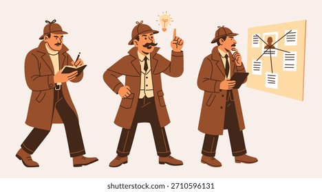 Um conjunto de ilustrações de desenhos animados mostrando três poses diferentes de um detetive, mostrando o processo de investigação de coletar pistas, ter uma ideia e analisar as evidências em uma placa.