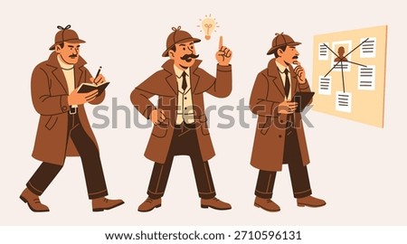 A set of cartoon illustrations showing three different poses of a detective, showcasing the investigation process of collecting clues, getting an idea, and analyzing the evidence on a board.