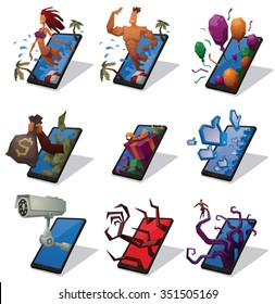 set of cartoon illustrations with smartphones on different themes good and bad. Relax. Holiday. Gift. Money. Business. danger. Addiction. Spy. vector illustrations