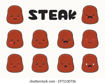set, cartoon illustrations of steak slices with different facial expressions