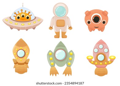 set of cartoon illustrations theme space, space, rockets, astronaut, aliens, spaceship, vector