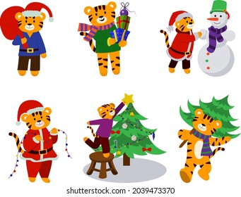 A set of cartoon illustrations of a tiger in the New Year style with Christmas items in their hands. Vector isolated on a white background