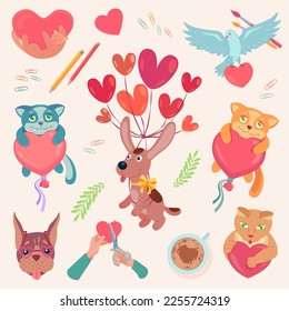 Set of cartoon illustrations for Valentine's Day. Valentine's Day elements set. Different romantic objects. Vector illustration. Cute animals and hearts.