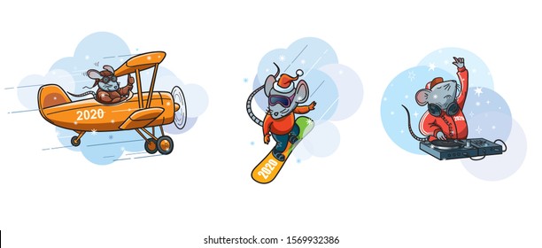 Set of cartoon illustrations of White metal rat - symbol of the year 2020.  Rat pilot and old vintage plane, rat on the snowboard, rat DJ with headphones and DJ deck. Editable EPS vector