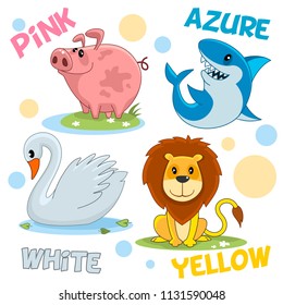 A set of cartoon illustrations of wild and domestic animals, birds and reptiles for children and design, a pink pig, azure tooth-toothed shark, a beautiful white swan and a yellow lion.