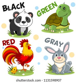 Set of cartoon illustrations of wild and domestic animals, birds and reptiles for children and design, black panda, green turtle, red rooster with chicken and gray hare, rabbit.