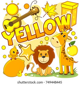 A set of cartoon illustrations of yellow color for children with a guitar, lion, giraffe, gift, sun, lemon and chicken on a yellow background.