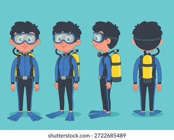 Un conjunto de ilustraciones de dibujos animados de un niño vestido como buceador, mostrados desde diferentes ángulos.
