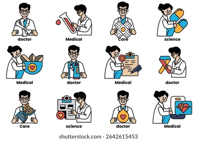 A set of cartoon images of doctors and medical professionals. The images are in a grid and include a variety of medical professions such as doctors, nurses, and pharmacists