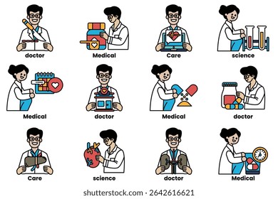 A set of cartoon images of doctors and medical professionals. The images are of various people, including a woman holding a pill bottle and a man holding a stethoscope