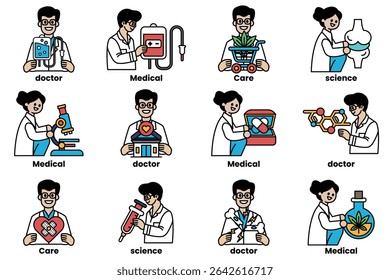 A set of cartoon images of doctors and medical professionals. The images are in a grid and include a variety of medical professionals such as doctors, nurses, and pharmacists