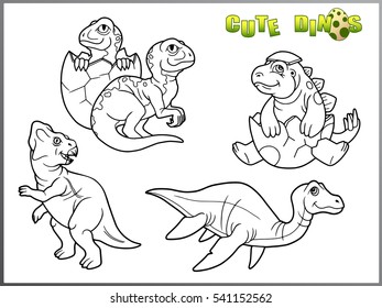 set of cartoon images of little cute dinosaurs