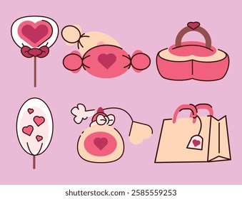 A set of cartoon images of Valentine's Day items. The images include a heart-shaped candy, a tea bag, a purse, a bag, a lollipop, and a candy cane