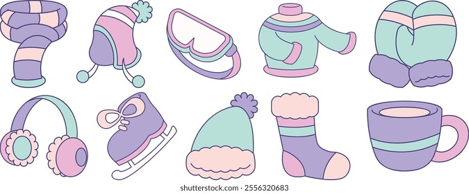 A set of cartoon images of winter clothing and accessories