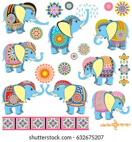 set with cartoon Indian elephants decorated with floral ornaments . Collection for babies and little kids. Side view isolated vector illustration