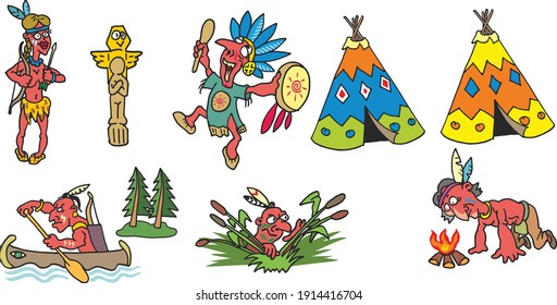 Set of cartoon Indians, hand-drawn isolated on white background. The Indian dances, floats on a canoe, lights a fire, hunts, a wigwam. Flat infographics. Vector illustration in cartoon style.
