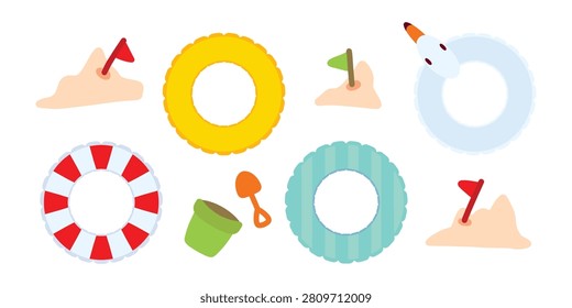 Set of cartoon inflatable pool floats - swan, yellow, buoy, teal and turquoise isolated on white background. Swimming rings surrounded by sand, plastic bucket, and shovel pail in beach setting. Vibrant swim equipment isolated on white background. Vector illustration EPS 10.



