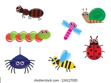 Set cartoon insect ant, caterpillar, spider, bee, dragonfly and ladybug