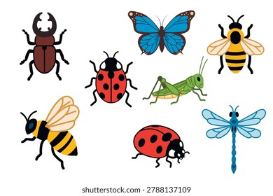 A set of cartoon insect illustrations. The collection includes a stag beetle, ladybugs, a butterfly, bees, a grasshopper, and a dragonfly.