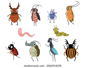 Conjunto de insectos de dibujos animados. Colección de insectos lindos y divertidos. Ilustración vectorial para niños.