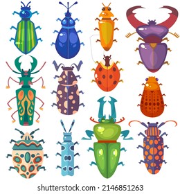 Set of cartoon insects of different species. Vector colorful beetles isolated on white background