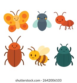 Set of cartoon insects including butterfly, fly, ant, cockroach, bee, and beetle. Flat colorful illustration on white background. Insect species and entomology concept. Design for sticker, card