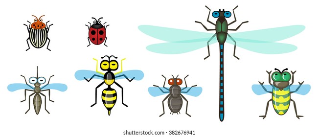 Set cartoon insects. Isolated on white background. Fly, wasp, bee, ledybird, gadfly, colorado beetle, mosquito, dragonfly.
