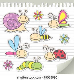 set of cartoon insects with snail and flowers