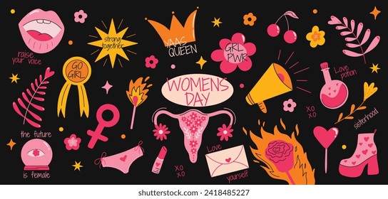 Viñetas del Día Internacional de la Mujer 8 de marzo, colección de ilustraciones feministas vectoriales, elementos feministas, poder femenino, derechos de la mujer, ramo de flores