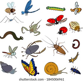 Set of cartoon invertebrate animals (insects, worms and molluscs) isolated on white background