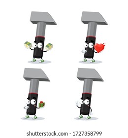 conjunto de martillo de hierro de dibujos animados con mascota del personaje de la manecilla de caucho sobre fondo blanco