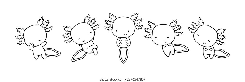 Set von Cartoon isolierte Axolotl-Farbseite. Cute Vectoris Kawaii Tiere - Übersicht. Kollektion von Cute Vector Baby Axolotl Outline für Aufkleber, Baby Dusche, Farbbuch, Bedruckungen für Kleidung. 