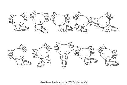 Set von Cartoon isolierte Axolotl-Farbseite. Cute Vectoris Kawaii Tiere - Übersicht. Kollektion von Cute Vector Baby Axolotl Outline für Aufkleber, Baby Dusche, Farbbuch, Bedruckungen für Kleidung. 