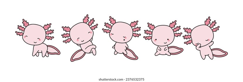 Set of Cartoon Isolated Axolotl. Set of Cute Kawaii Salamander in Funny Cartoon Style. Collection of Cute Vector Amphibian Illustrations for Stickers, Baby Shower, Coloring Pages, Prints for Clothes. 