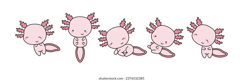 Set of Cartoon Isolated Axolotl. Set of Cute Kawaii Salamander in Funny Cartoon Style. Collection of Cute Vector Amphibian Illustrations for Stickers, Baby Shower, Coloring Pages, Prints for Clothes. 