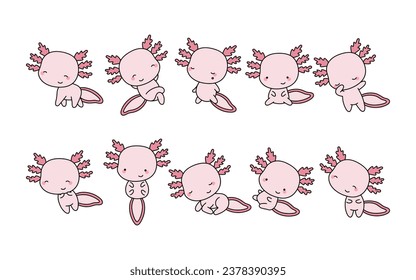 Set of Cartoon Isolated Axolotl. Set of Cute Kawaii Salamander in Funny Cartoon Style. Collection of Cute Vector Amphibian Illustrations for Stickers, Baby Shower, Coloring Pages, Prints for Clothes. 