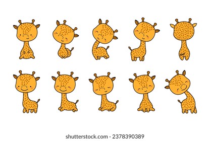 Set of Cartoon Isolated Baby Giraffe. Set of Cute Kawaii Giraffe in Funny Cartoon Style. Collection of Cute Vector Baby Animal Illustrations for Stickers, Baby Shower, Coloring Pages. 